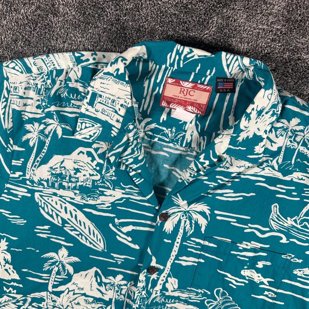 RJC Shirt Mens XL Teal White Scenic Hawaiian Tropical Button Down RJC Aloha VTG
